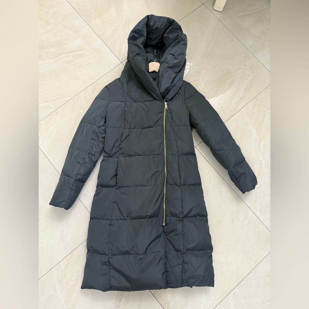 Cole Haan Signature Long Dark Green Puffer Polyester Coat with Hood M